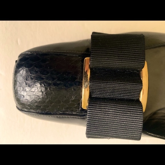 Black shiny real leather shoes with real snake skin cap toe beautiful large bow - Picture 6 of 8